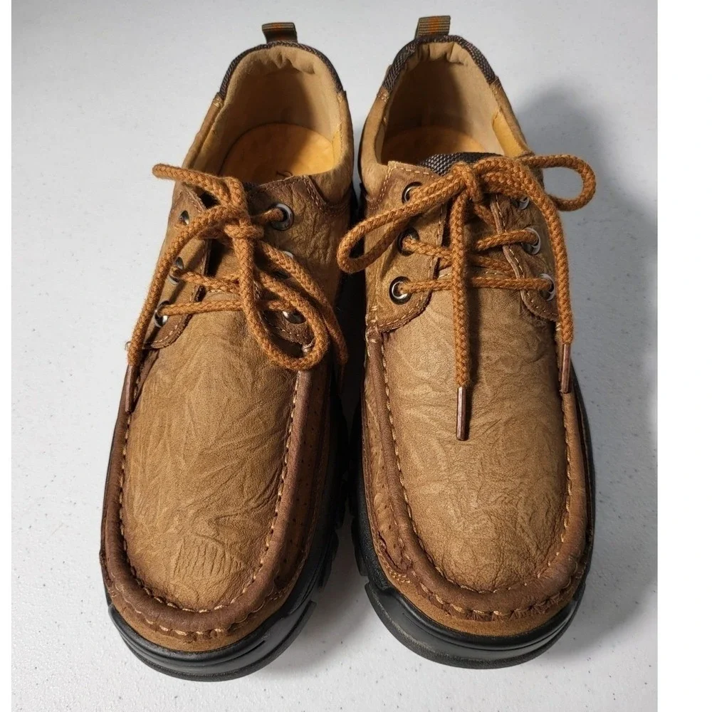 Fashion Mens Brown Textured Leather Moc Toe Oxford Hiking Shoes Lug Sole Brown